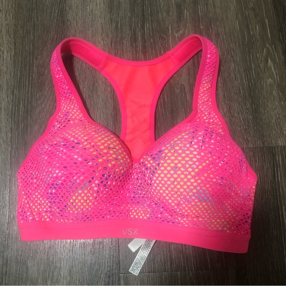 VSX Sport Victorias Secret Neon Pink Mesh Tribal Print Racerback Sports Bra 32C - Picture 1 of 6